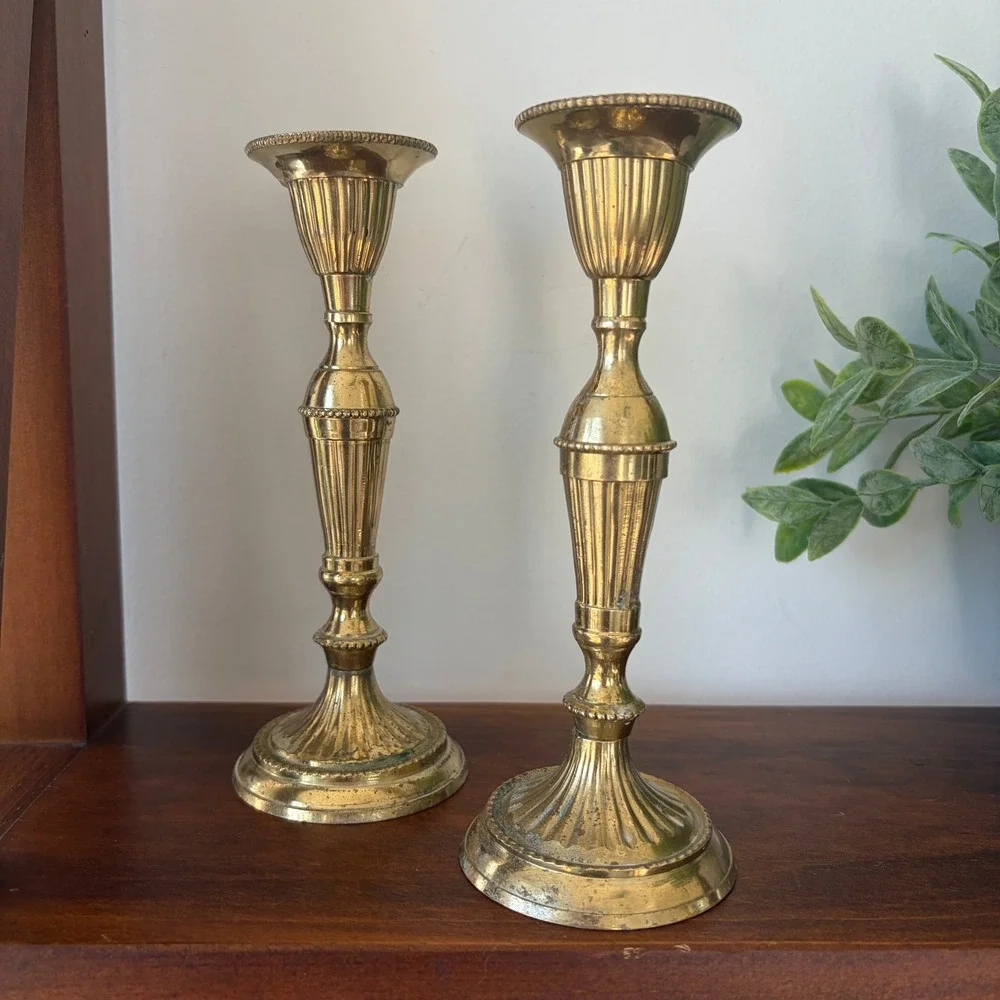 Hosley Solid Lacquered Brass Fluted Candlestick Holders Pair BS 5890 India 7.75